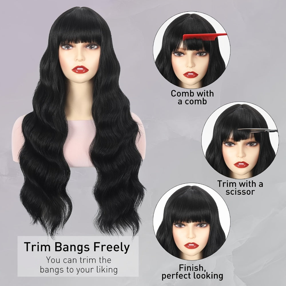 Synthetic Wig 28-Inch Black Body Waves with Bangs and Adjustable Buckle Net Cap for Daily and Party Styling