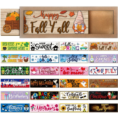 Twenty-Five-Piece Interchangeable Seasonal Welcome Sign Set with Wood Frame and Holiday Message Inserts