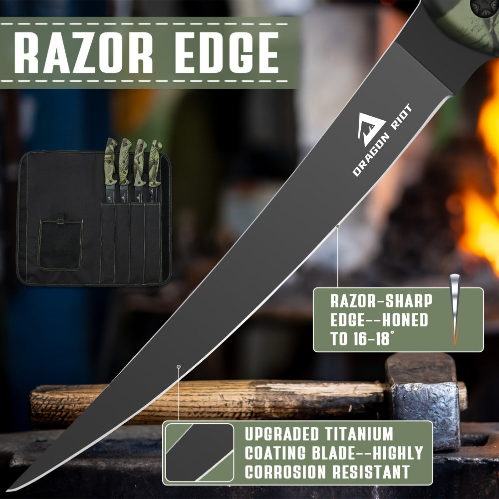 Four-Piece Fillet Knife Set with 5-, 6-, 7- and 9-Inch Labels, Zip Storage Bag and Pocket Sharpener