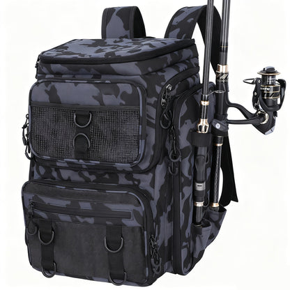 Black Camouflage Fishing Backpack with Twin Shoulder Straps, Front Zip Compartments and Side Rod Loops