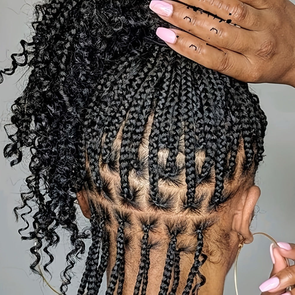 Goddess Braided Wig Knotless Bohemian Square Braid Full Lace Curly Wave 14-16 Inch Black Burgundy Brown Natural Hairline Protective Style Synthetic Wig for Women