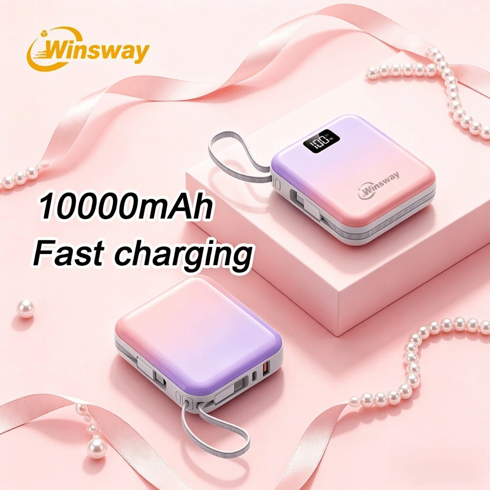 10000mAh Winsway Power Bank with 22.5W Label, Built-In USB-A and USB-C Cables and Gradient Colors