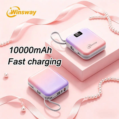10000mAh Winsway Power Bank with 22.5W Label, Built-In USB-A and USB-C Cables and Gradient Colors