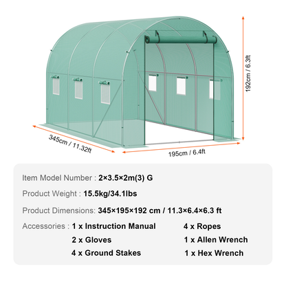 10- to 20-Foot Tunnel Greenhouse with Green Cover, Roll-Up Door and Size-Specific Vent Windows