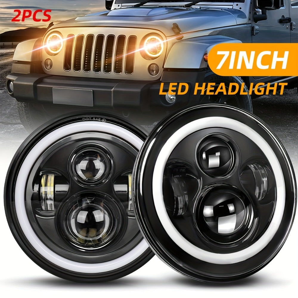 7 Inch Round LED Headlights for Jeep Wrangler JK TJ CJ Colorful DRL Halo Ring Amber Turn Signal High Low Beam, 2pcs White Red Green Blue Multi-Color Replacement Headlamp Set
