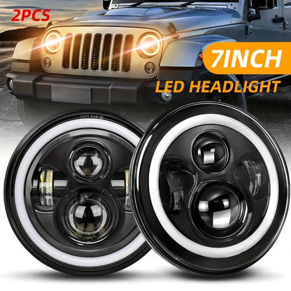 7 Inch Round LED Headlights for Jeep Wrangler JK TJ CJ Colorful DRL Halo Ring Amber Turn Signal High Low Beam, 2pcs White Red Green Blue Multi-Color Replacement Headlamp Set