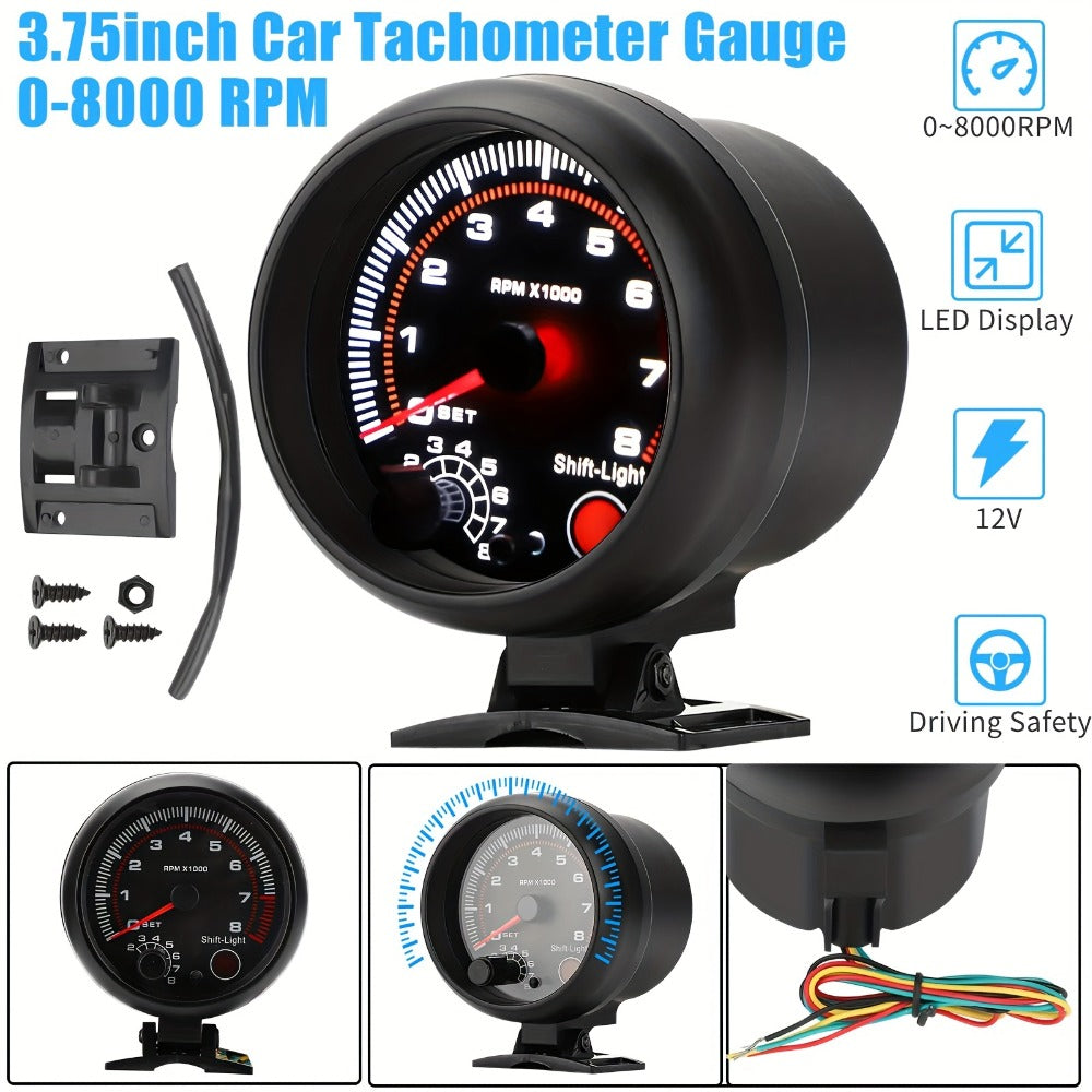 Car Tachometer Gauge 12V 0-8000 RPM 3.75 Inch - LED Shift Light, ABS Black Dial for 4 6 8 Cylinder Petrol Engines, Universal Fit with Accessories Kit