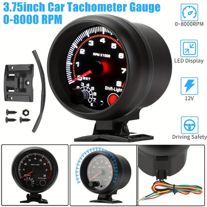 Car Tachometer Gauge 12V 0-8000 RPM 3.75 Inch - LED Shift Light, ABS Black Dial for 4 6 8 Cylinder Petrol Engines, Universal Fit with Accessories Kit