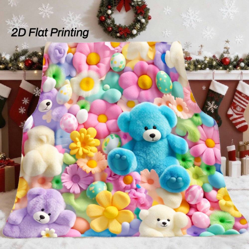 Colorful Teddy Bear Throw Blanket with Flower Print, White Reverse Surface and Single 40 x 50-Inch Size