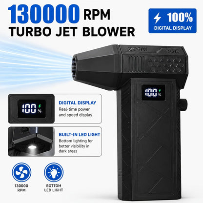 130000RPM Super Turbo Air Blower USB-C Fast Charging, 52M/S Hurricane Airflow, Adjustable Speed, 5000mAh Battery – Cordless Rechargeable Blower for Computer, Car, Leaf Blowing, BBQ & Camping