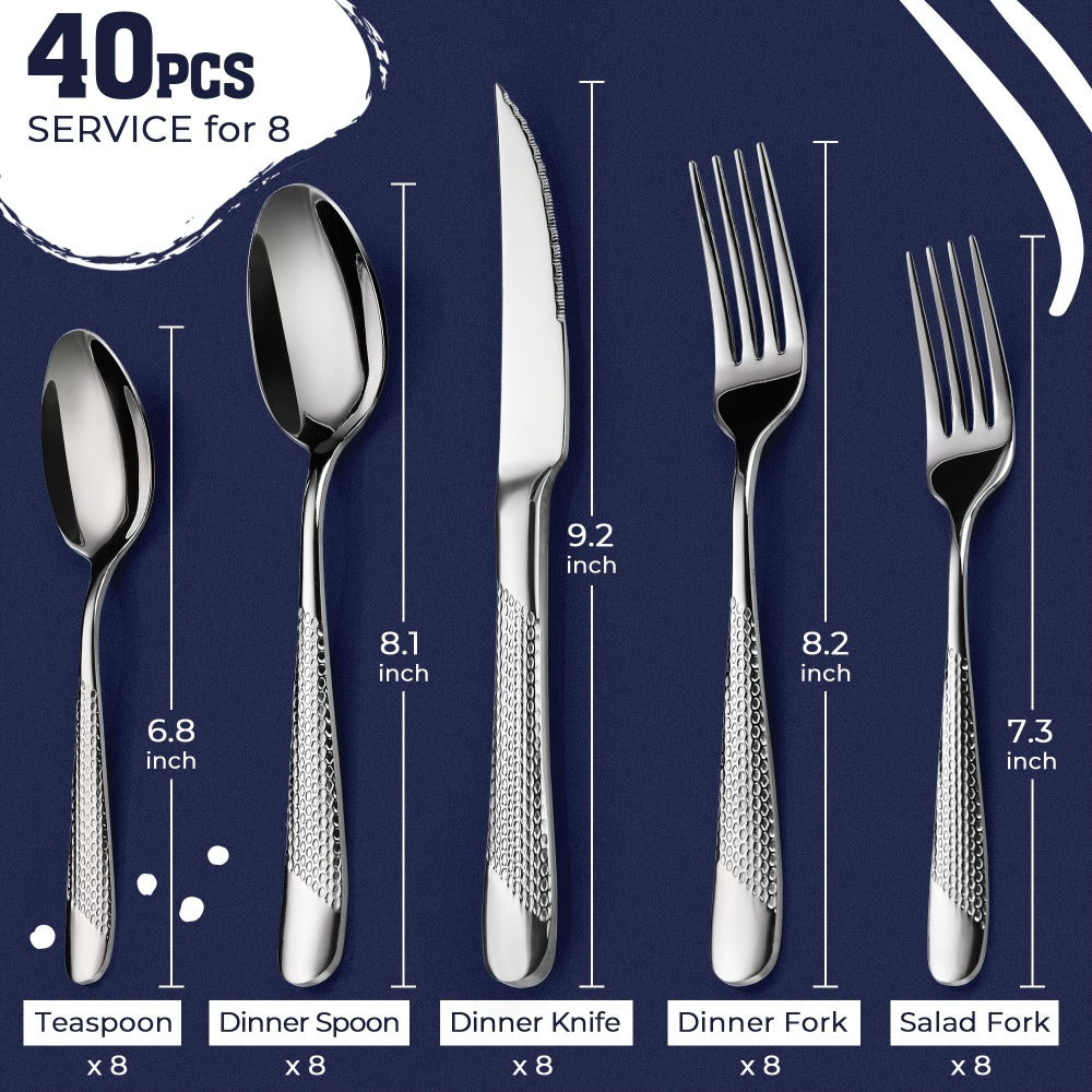 Stainless Steel Flatware Set 40/48 Piece – 304 Silverware Set for 8 Hammered Mirror Polished Rose Gold Cutlery with 2-in-1 Serrated Knife Dishwasher Safe Modern Utensils for Home Restaurant Wedding