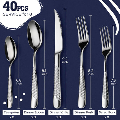 Stainless Steel Flatware Set 40/48 Piece – 304 Silverware Set for 8 Hammered Mirror Polished Rose Gold Cutlery with 2-in-1 Serrated Knife Dishwasher Safe Modern Utensils for Home Restaurant Wedding