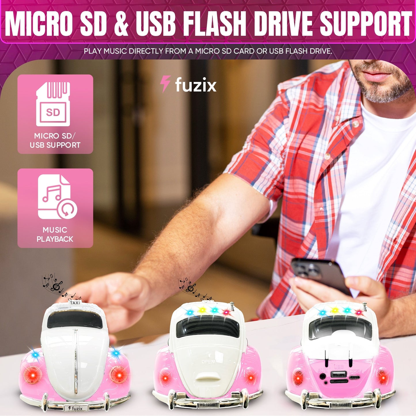Fuzix WS-1958 Vintage Car Bluetooth Speaker with LED Headlights & Taillights | Retro Wireless Stereo, FM Radio, AUX/USB/TF, Built-in Mic, Rechargeable – Novelty Gift for Car Enthusiasts & Music Lovers