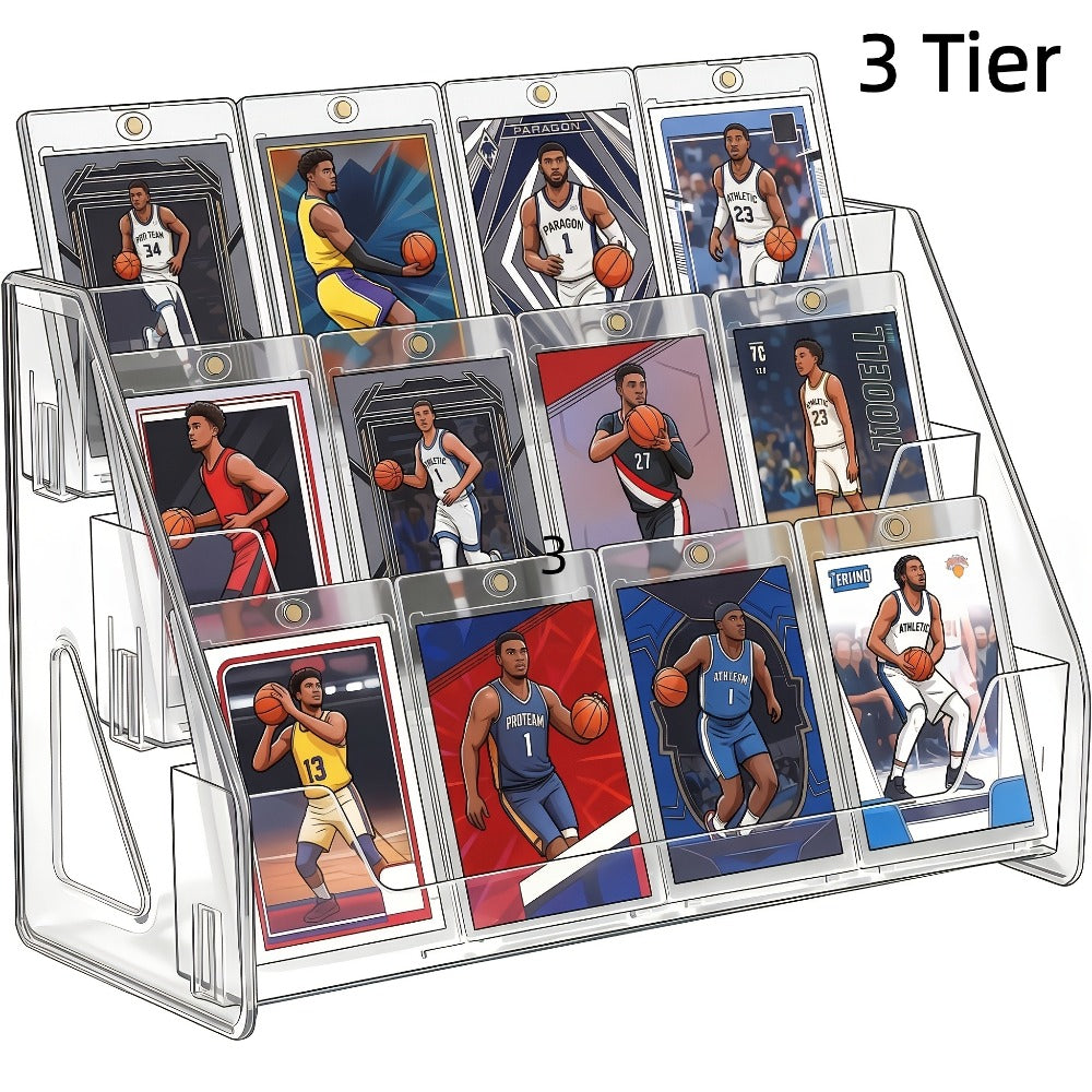 Clear Tiered Graded Card Display Stand with 3- or 5-Level Options for Desktop Collector Organization