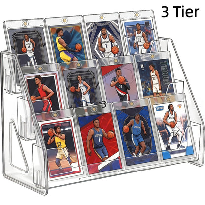Clear Tiered Graded Card Display Stand with 3- or 5-Level Options for Desktop Collector Organization