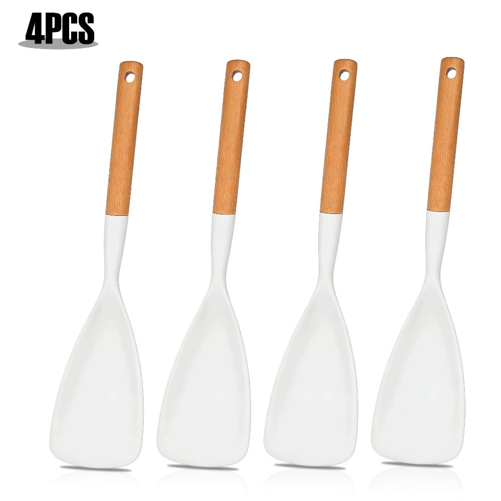 Silicone Kitchen Utensil Set 2/4 Pcs – 12-Inch Wood Handle Cooking Tools with Stay-Cool Grip for Frying, Baking, Mixing & Serving, Non-Stick Cookware Safe Spatula & Spoon Kit