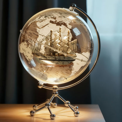 Illuminated Clear Acrylic Sailing Ship Globe Lamp, 7.87-Inch Sphere with Warm Light and Metal-Look Stand