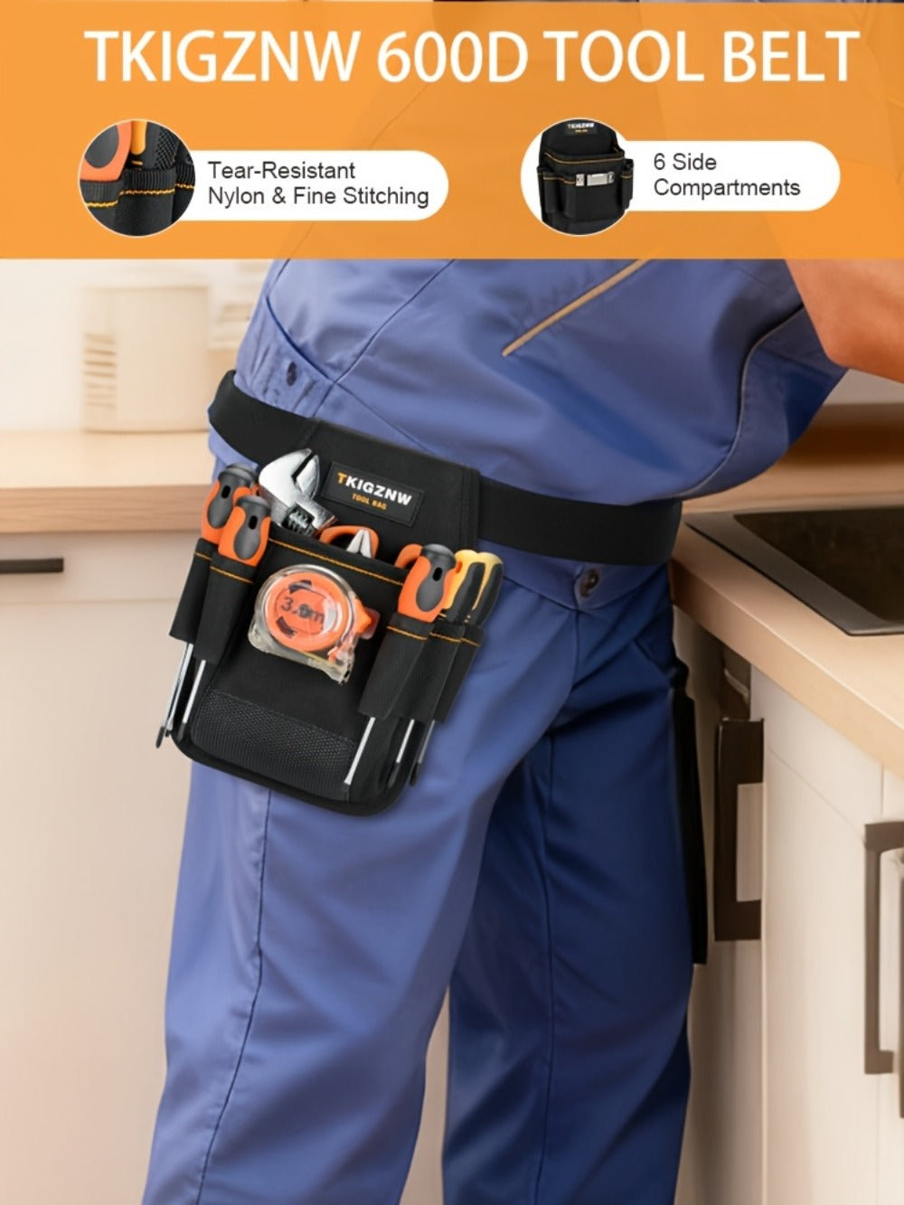 Seven-Pocket Tool Organizer Bag in Black with Open Compartments and Portable Carry Handles for Jobsite Storage
