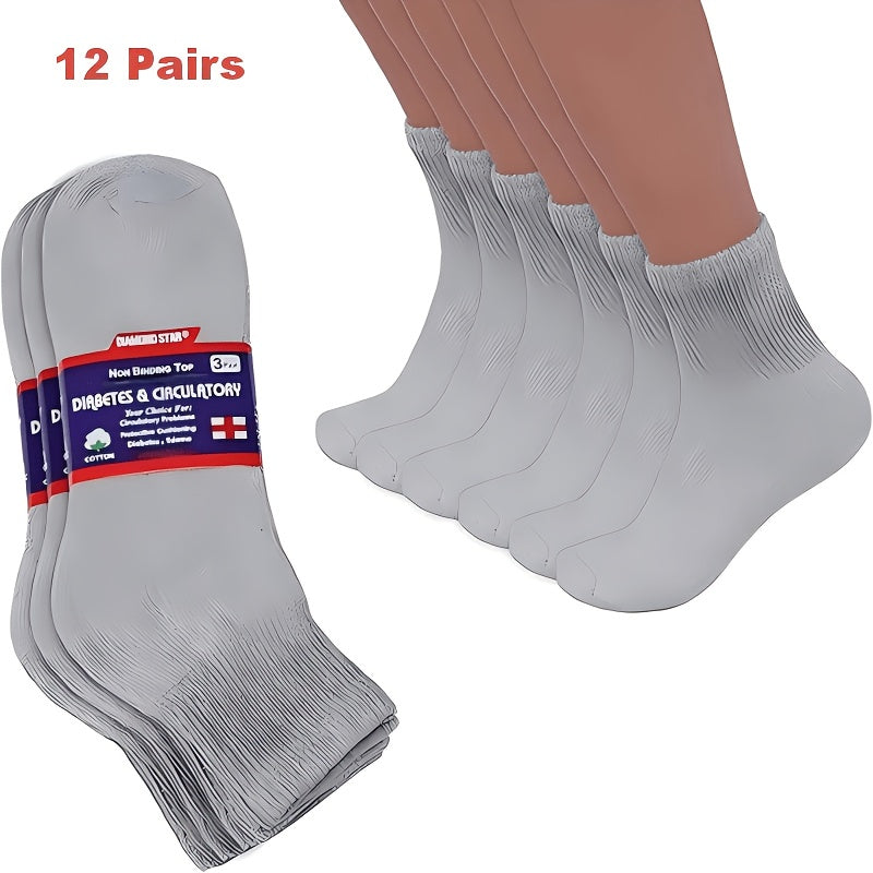 12-Pair Low-Cut Diabetic Sock Set for Adults in Six Colors with 9-11, 10-13 and 13-15 Size Options