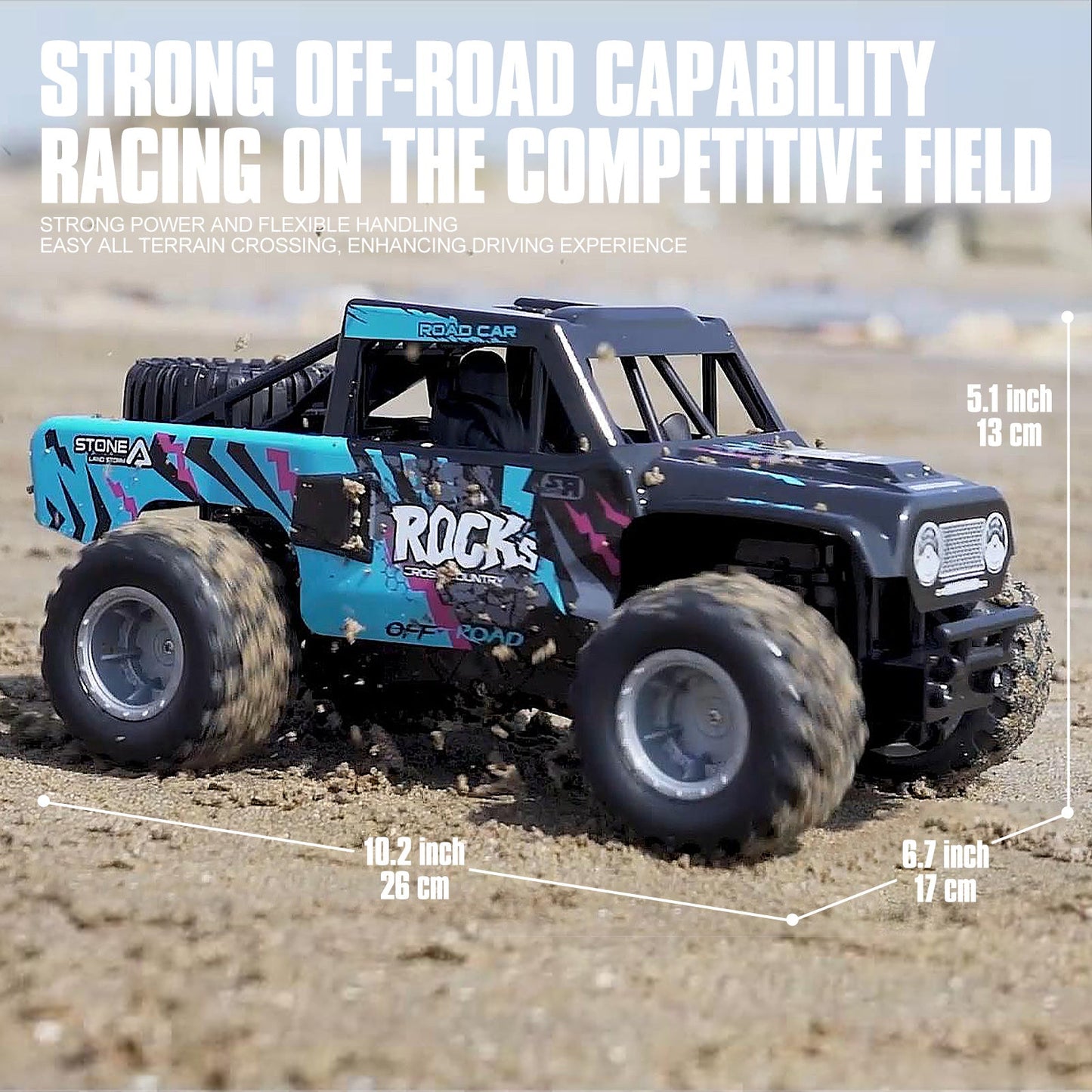 RC Monster Truck or Pickup 1:16 Scale in Five Body and Color Styles with 4WD Layout and Two Rechargeable Batteries
