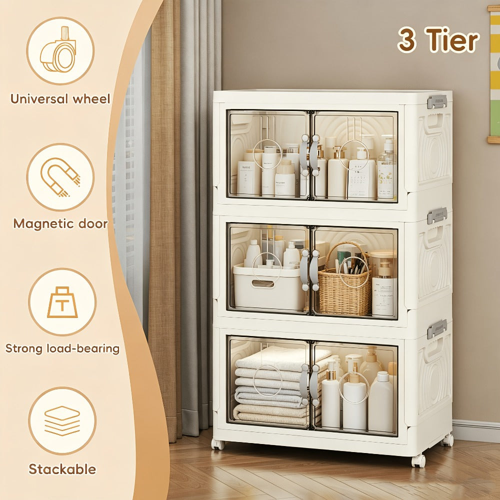 Collapsible Storage Bin with Lid – Foldable Storage Cabinet 2/3/4/5 Layer 48QT Plastic Organizer | Freestanding Storage Rack for Home, Living Room, Kitchen & Bathroom | Snack & Box Storage Container