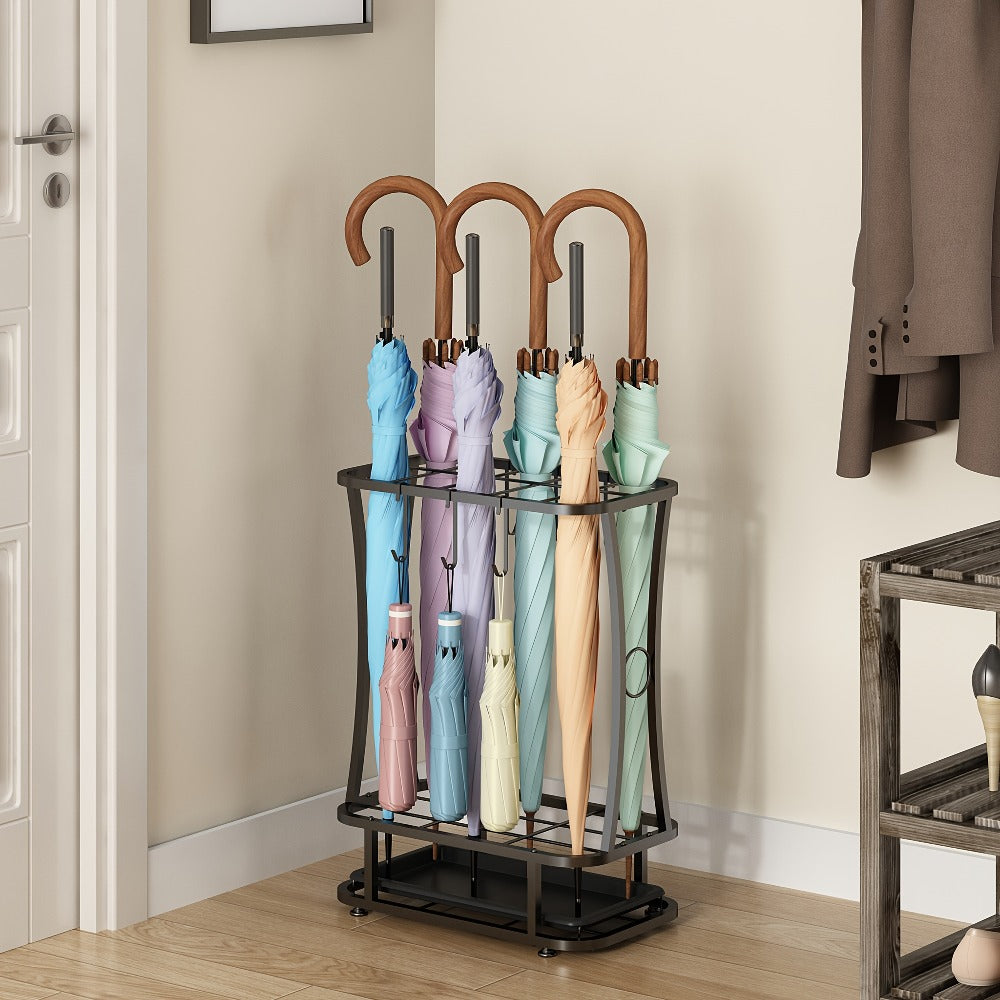 Freestanding Black Metal Umbrella Stand with Four Hanging Slots and Removable Bottom Drip Tray