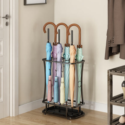Freestanding Black Metal Umbrella Stand with Four Hanging Slots and Removable Bottom Drip Tray