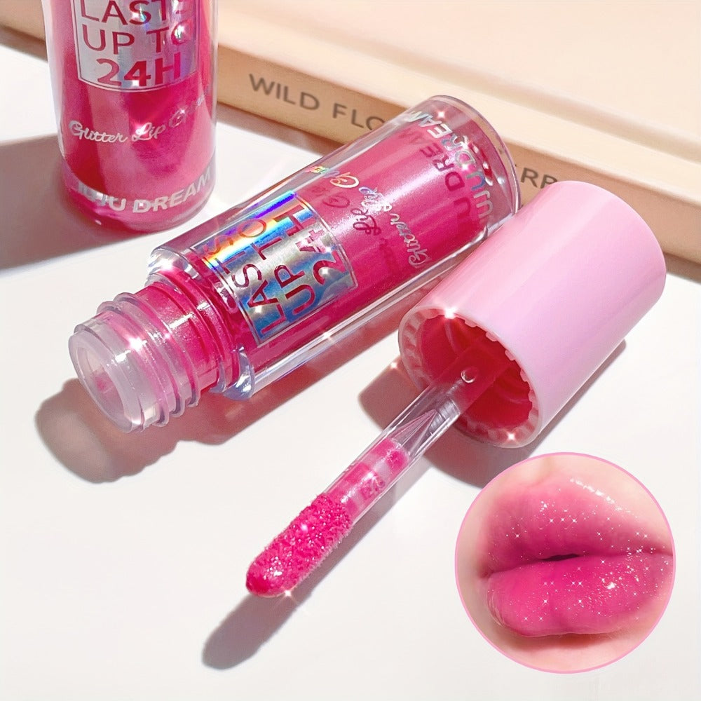 24H Waterproof Glitter Lip Gloss & Lip Stain Set 3PCS – Moisturizing Lip Oil Formula, Long-Lasting Smudge-Proof Glitter Shine in Berry Coral Pink Red Shades for Women All Skin Tones