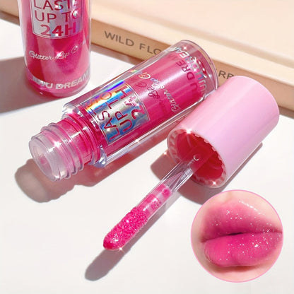 24H Waterproof Glitter Lip Gloss & Lip Stain Set 3PCS – Moisturizing Lip Oil Formula, Long-Lasting Smudge-Proof Glitter Shine in Berry Coral Pink Red Shades for Women All Skin Tones