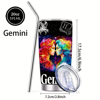 Zodiac Sign Insulated Tumbler 20oz Stainless Steel Travel Cup with Lid & Straw Hot Cold Drinks Horoscope Coffee Mug Gift for Men Women Birthday Christmas