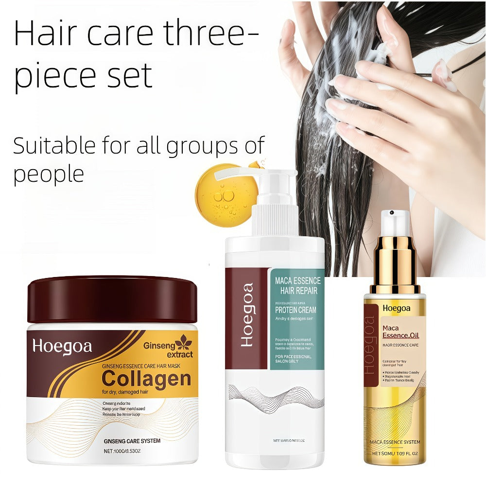 Three-Piece HOGOGO Collagen Hair Care Set with Jar and Pump Containers in a Gold Gift Box Presentation