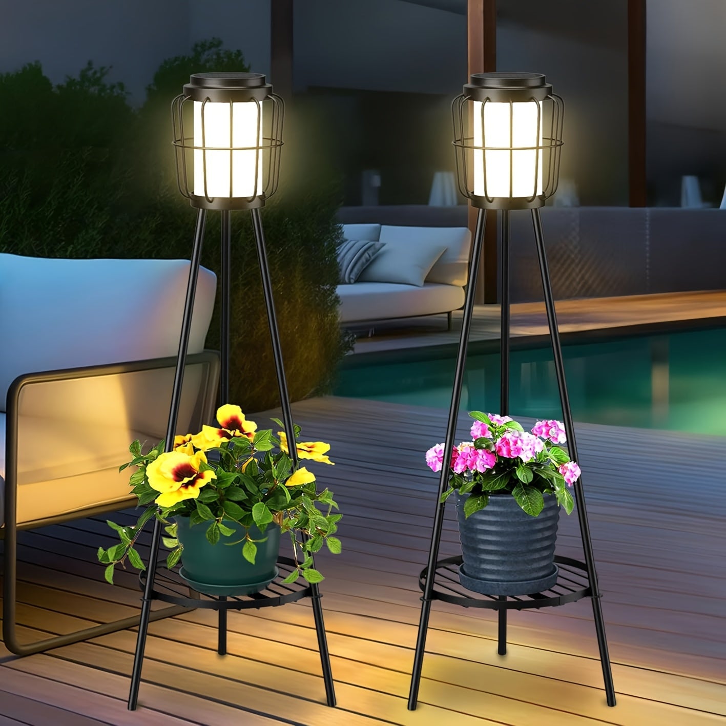 Solar Floor Lamp with Metal Plant Stand 36 Inch Outdoor Solar Light Flower Shelf for Patio Deck Yard Garden Outdoor Decor Gift Set of 2