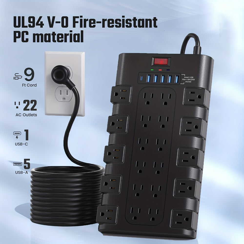 Surge Protector Power Strip 28-in-1 with 22 AC Outlets, 5 USB-A, 1 USB-C, 2100J Rating and 5 to 13 ft Cord Options