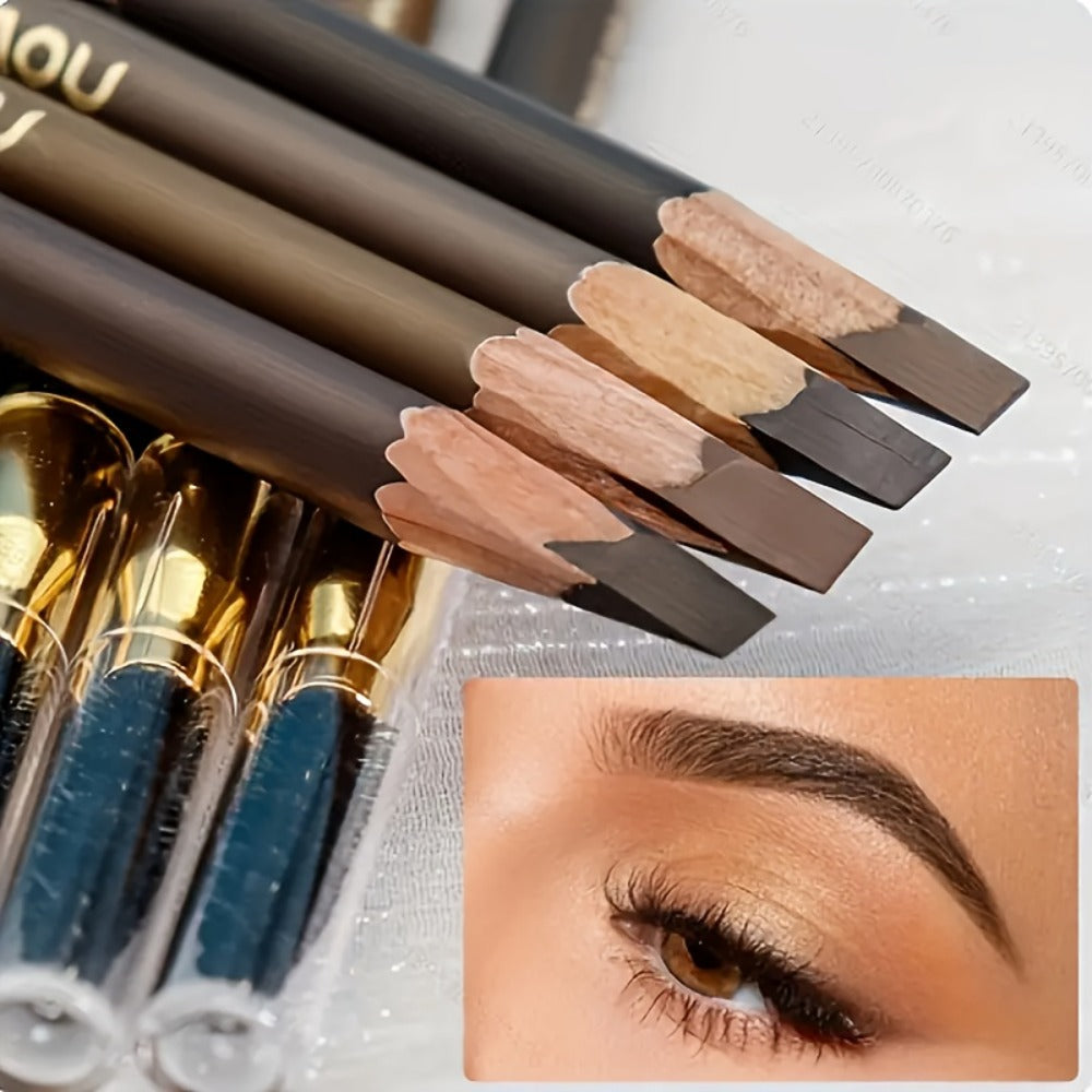 Four-Color Wood Eyebrow Pencil Set with Sharpened Brown-Tone Tips, Spoolie Ends and Approx. 20 cm Length