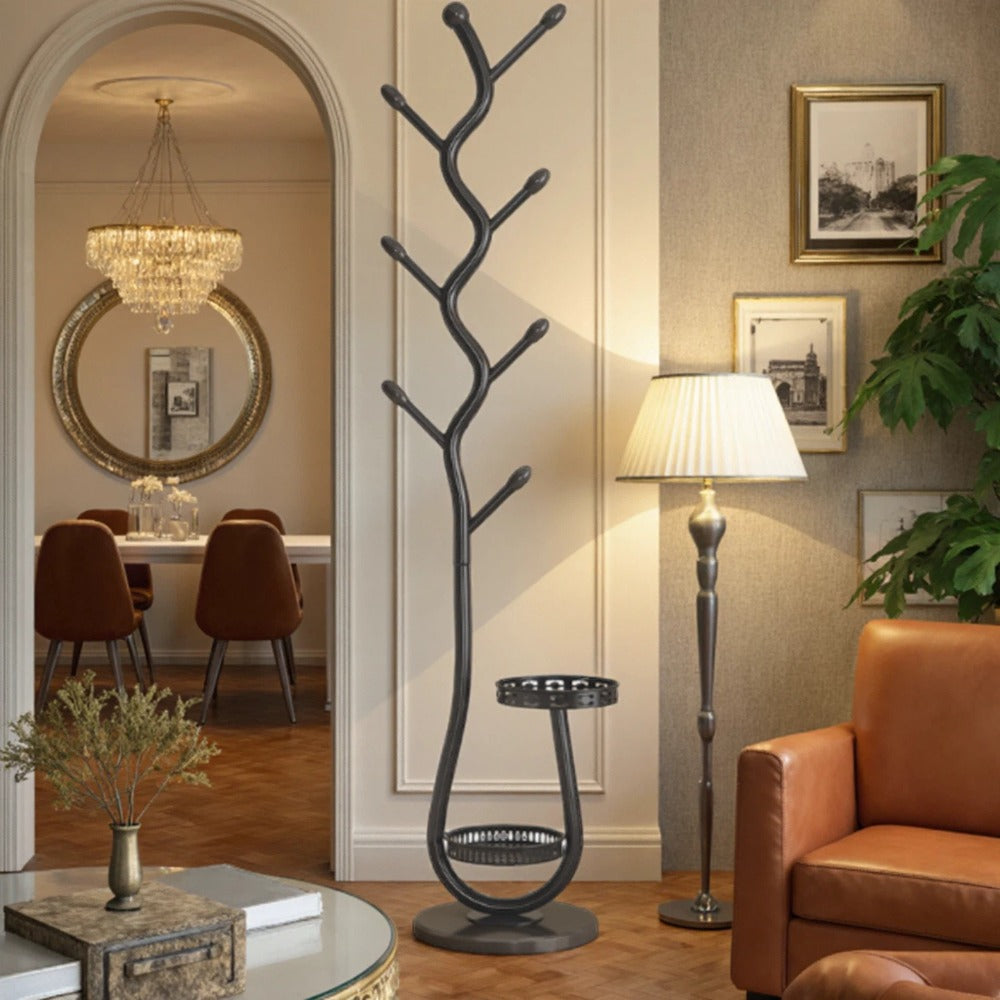 Freestanding Coat Tree with Branching Hooks, Circular Lower Shelf and White, Black or Golden Finish