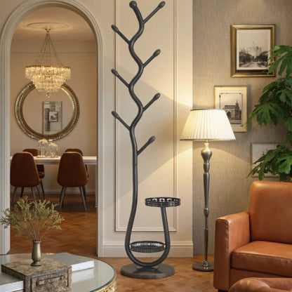 Freestanding Coat Tree with Branching Hooks, Circular Lower Shelf and White, Black or Golden Finish