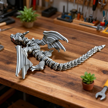 Articulated Black-and-White Swirl Dragon Figurine with Poseable Segments and Random Eye Color for Desktop Display