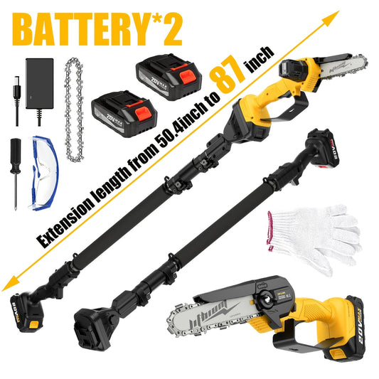 Electric Pole Saw 2-in-1 Cordless with 8" & 6" Chain, 20V 4.0Ah Battery, Adjustable Extendable Tree Pruner for Wood Cutting