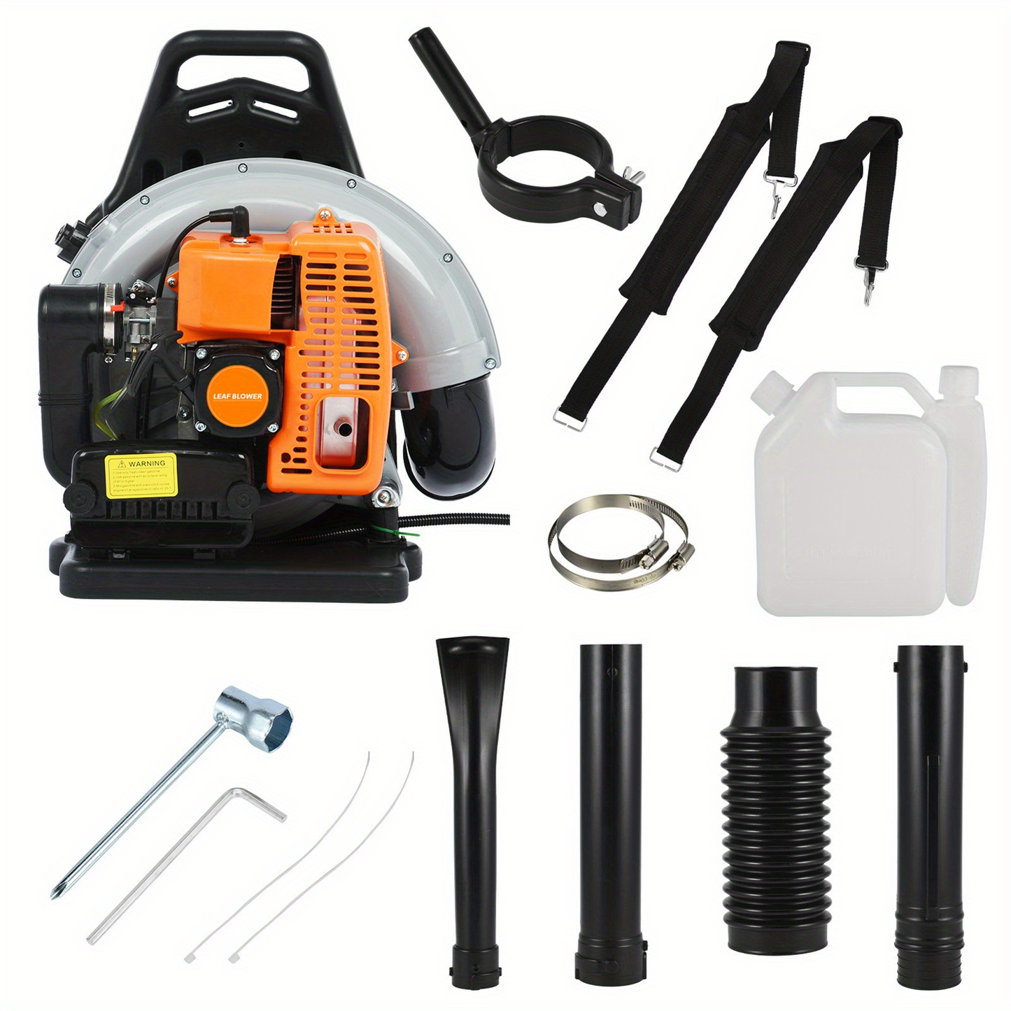 Backpack Gas Leaf Blower in Orange with 2-Stroke Engine Label, Flexible Elbow, Long Tube and Control Handle