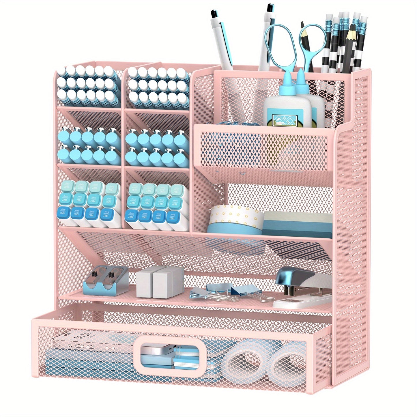 Mesh Desk Organizer with Pull-Out Drawer, Tiered Compartments and Six Color Checkout Options