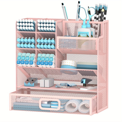 Mesh Desk Organizer with Pull-Out Drawer, Tiered Compartments and Six Color Checkout Options