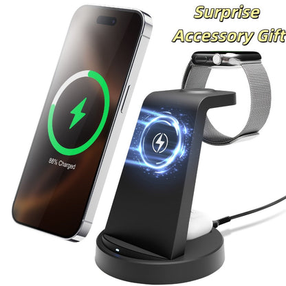 3-in-1 Wireless Charging Dock Multi-Color Fast Charge for iPhone 17 16 15 14 13 12 11 Pro Max, Apple Watch Ultra 2 Series 10 9 8 7 6 SE, AirPods 4 3 2 Pro & Samsung Galaxy – Black Blue Pink U1 U2