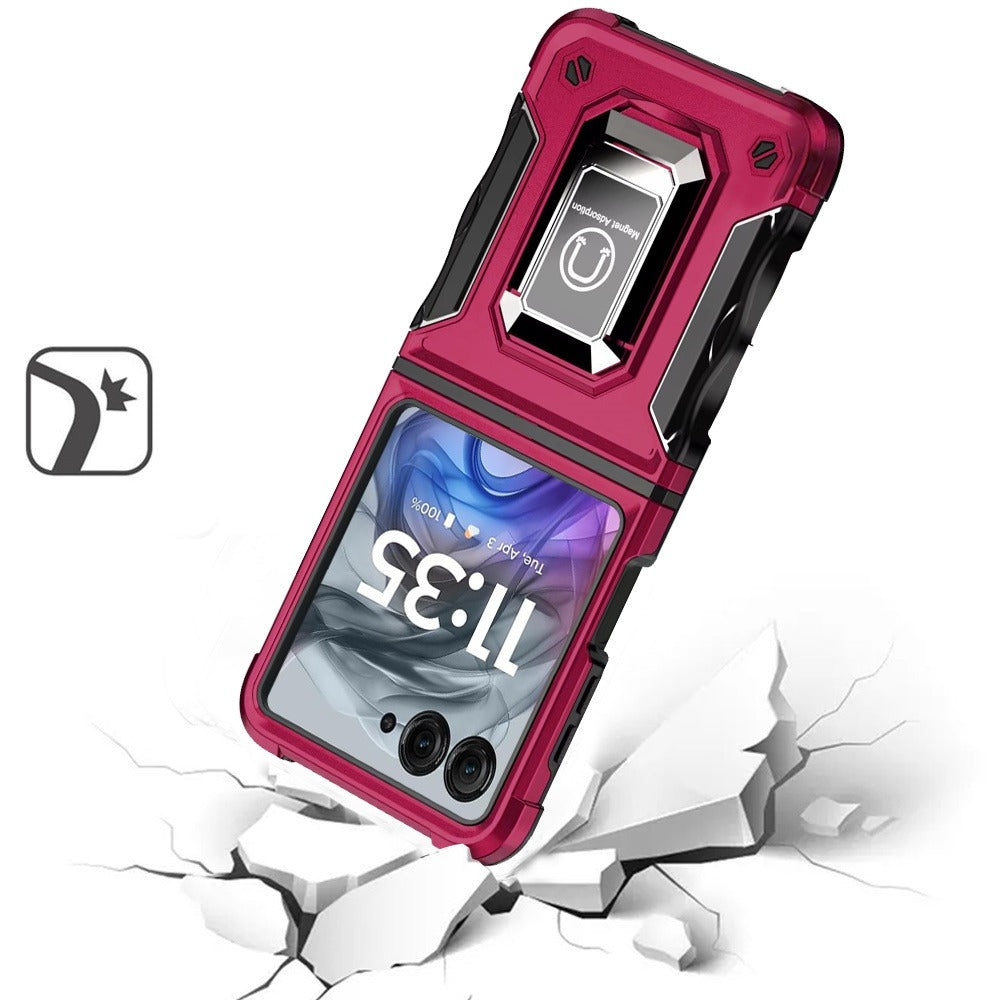 Motorola Razr 2024 Case Defender Metal Magnetic Ring Stand Hybrid Cover – Heavy Duty Shockproof TPU PC Armor with Kickstand & Magnetic Car Mount Compatibility