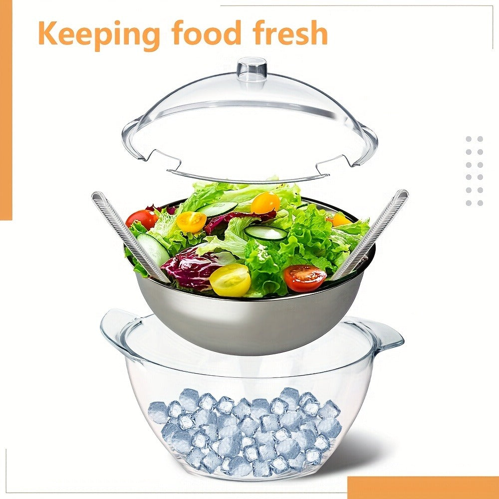 Stainless-Style Salad Bowl Set with Lid, Serving Spoons and Ice-Chiller Base for Buffet or Picnic Display