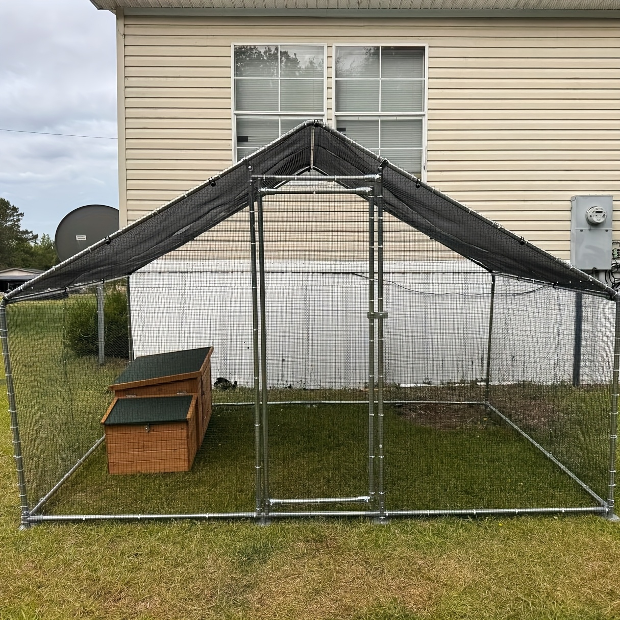 Walk-In Metal Poultry Enclosure in Six Size Options with Mesh Walls, Door and Partial Roof Cover