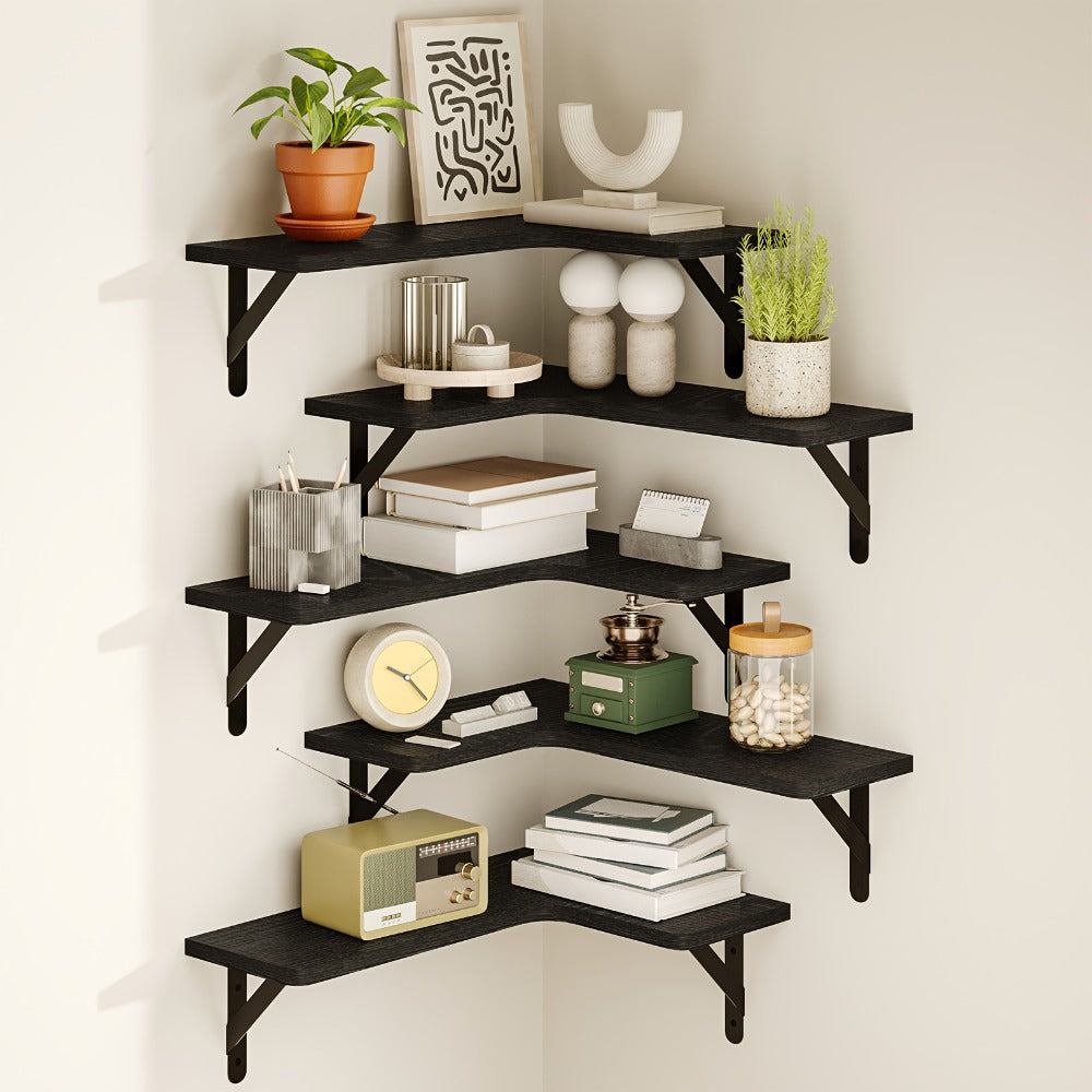 Corner Wall Shelf Set with L-Shaped Boards, Metal Brackets, Five- or Six-Piece Options and Seven Finishes