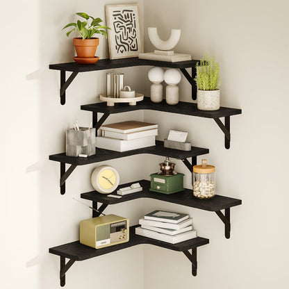 Corner Wall Shelf Set with L-Shaped Boards, Metal Brackets, Five- or Six-Piece Options and Seven Finishes