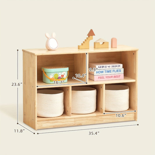Rubber Wood 5-Compartment Bookshelf 35.4", 2-Tier Wooden Storage Cabinet for Classroom, Playroom & Preschool