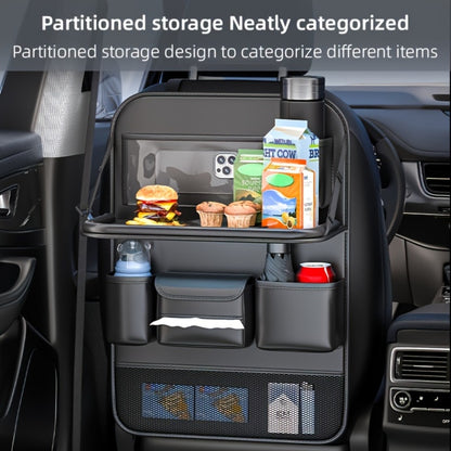 Car Seat Back Organizer PU Leather - Foldable Dining Table, Cup Holder, Multi-Pocket Storage Bag, Universal Fit Back Seat Travel Organizer for Kids & Passengers, 1pc or 2pc Set
