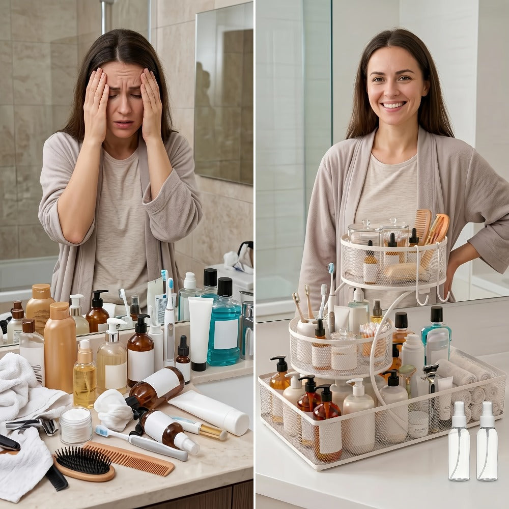 Bathroom Storage Rack 3-Tier Metal Countertop Organizer with Spray Bottle & Hooks – Rust-Resistant Diamond Mesh Shelf for Vanity, Skincare, Cosmetics & Toiletries